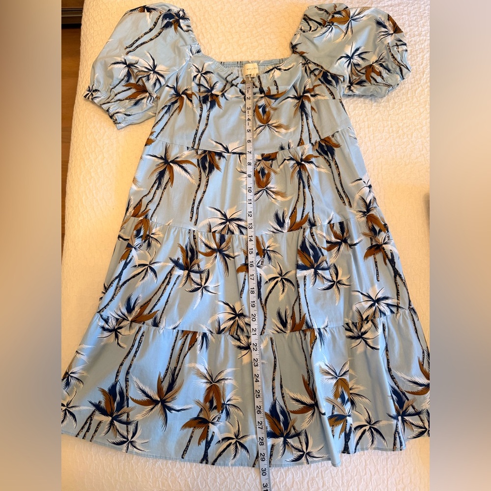 Melloday Light Blue Palm Print Puff Sleeve Dress with Pockets — Size XL - Picture 4 of 10